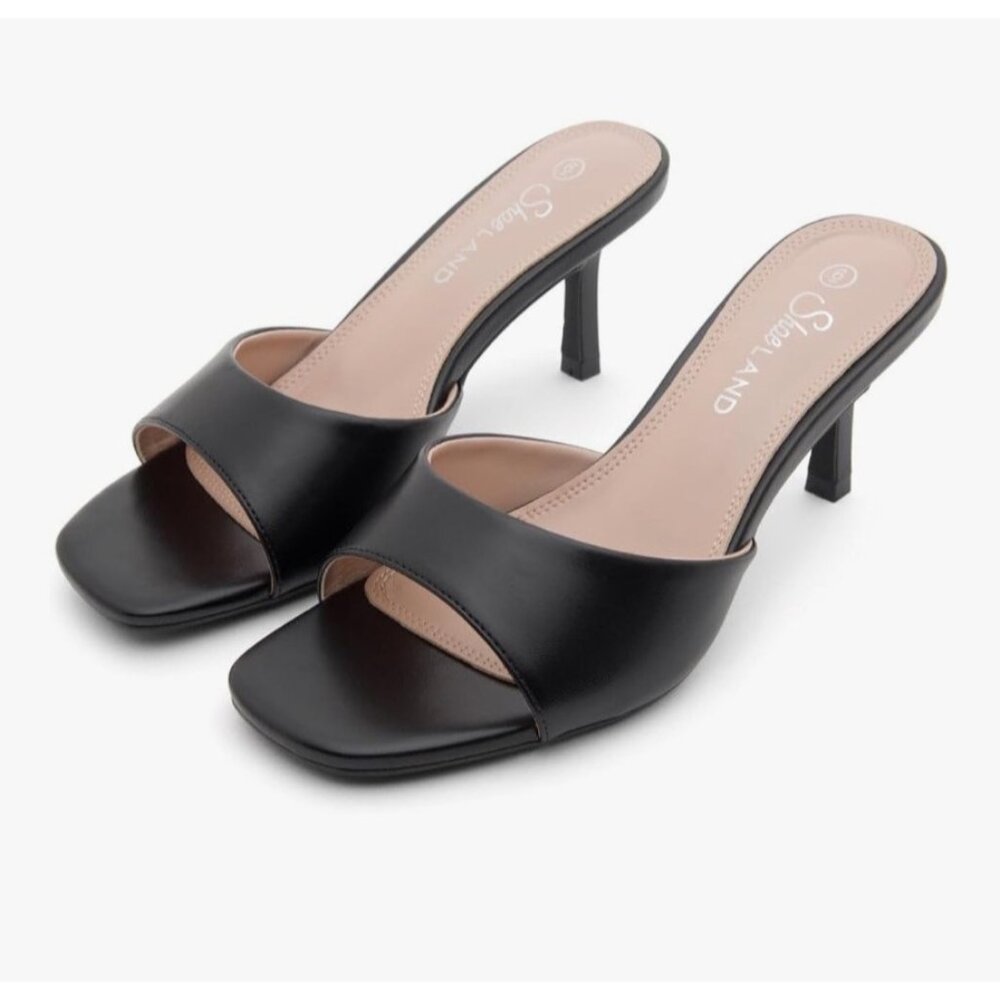 NIB Shoe Land Black Open Toe Slip On Casual Preppy Classic Sandal Stiletto Heels - Picture 3 of 6